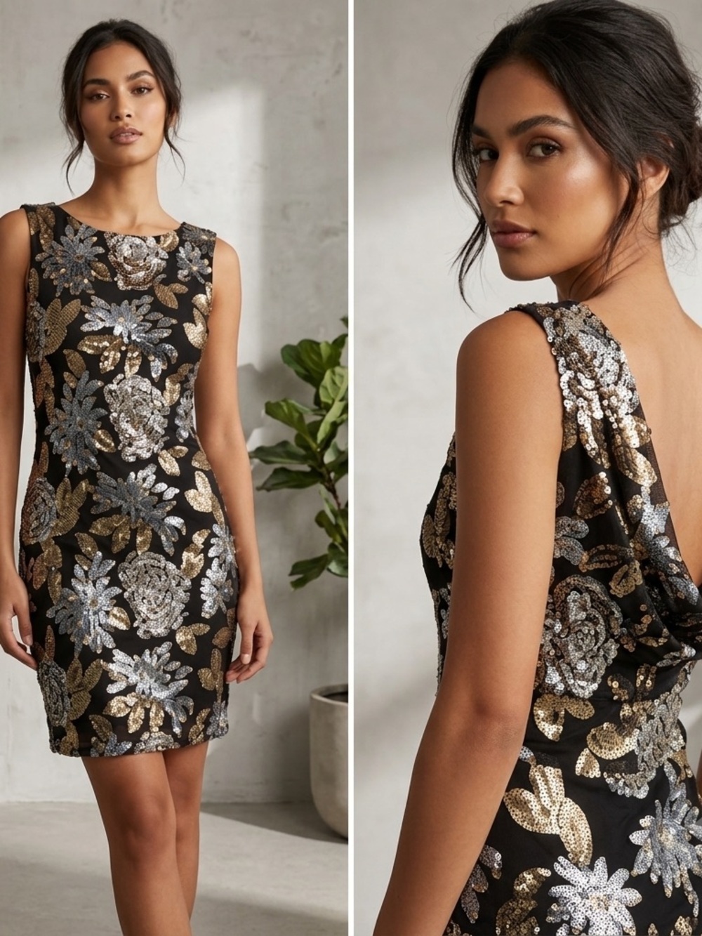 Cache Black Sequin Y2K Draped Mesh Back Cocktail Party Mini Dress Women’s XS